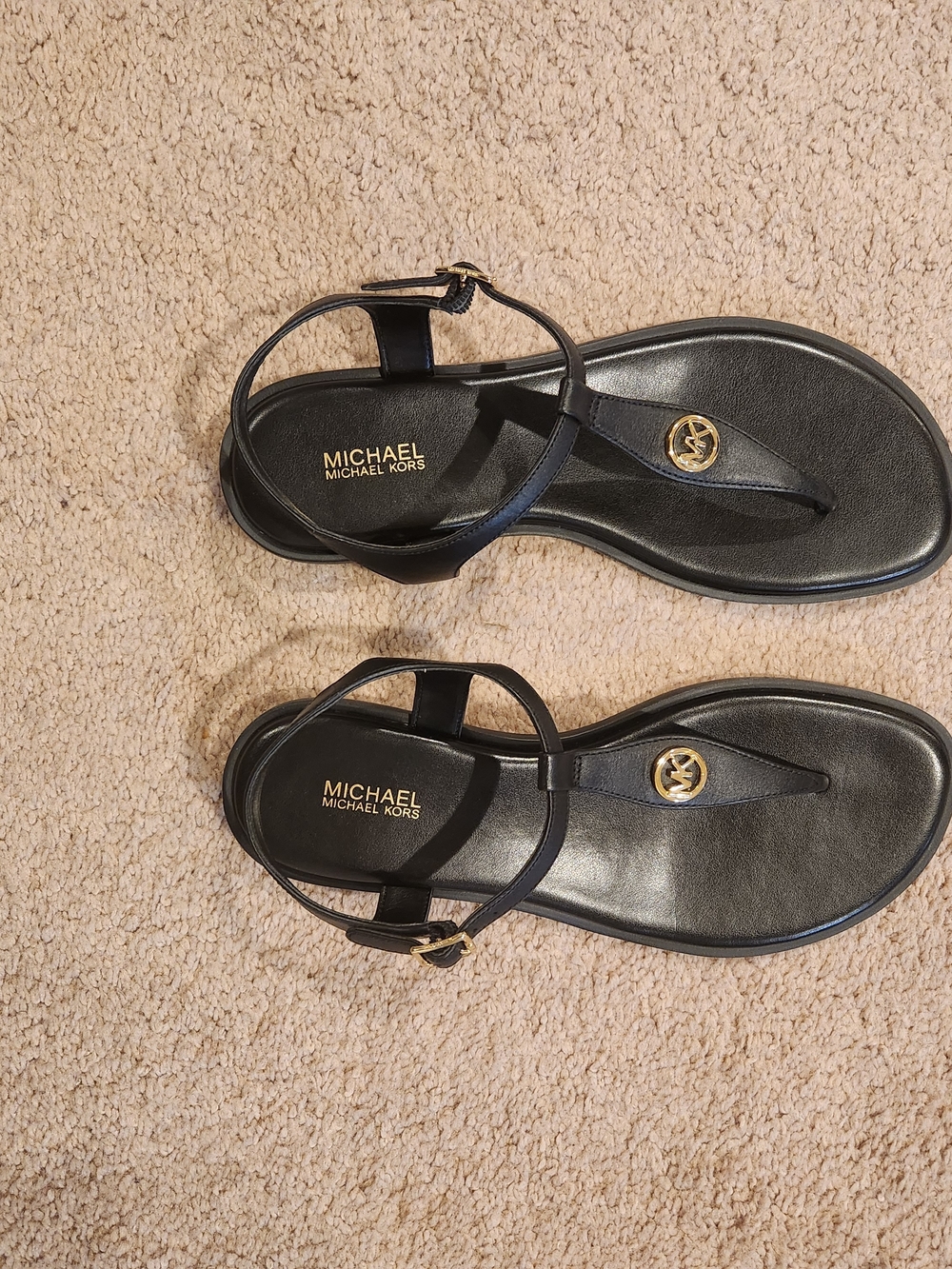 Michael Kors Black Leather T-Strap Sandals with Gold Logo